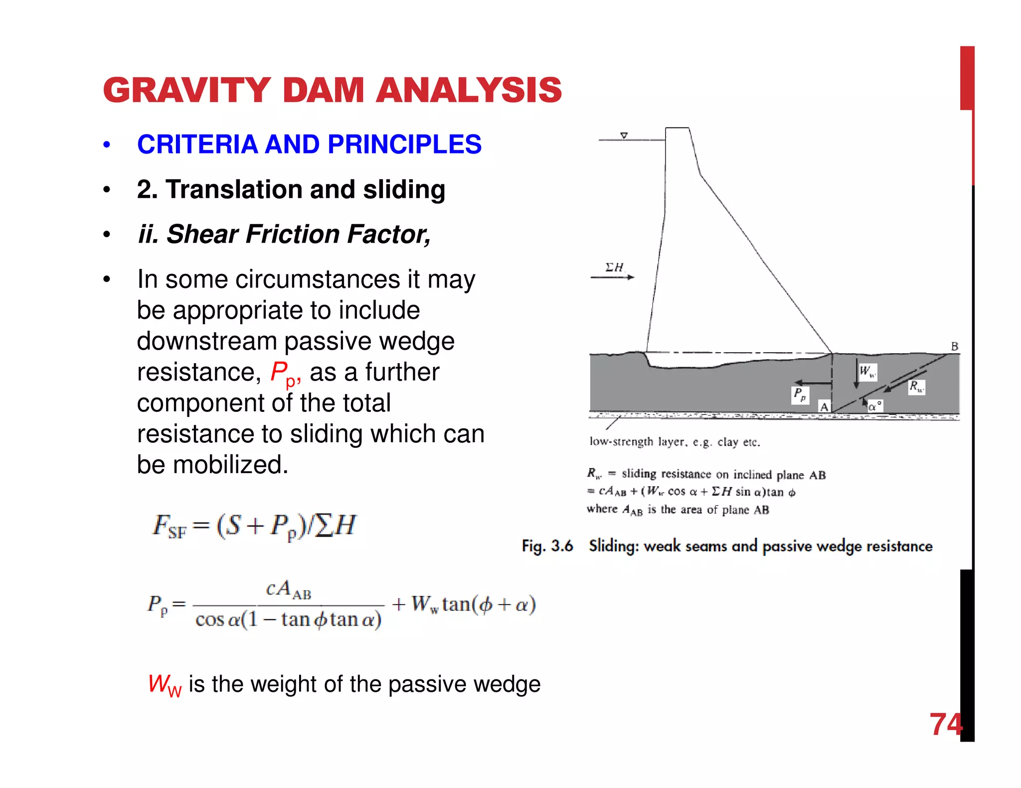 GRAVITY DAM ANALYSIS
• CRITERIA AND PRINCIPLES
• 2. Translation and sliding
• ii. Shear Friction Factor,
• In some circumstances it may
be appropriate to include
downstream passive wedge
resistance, Pp, as a further
component of the total
resistance to sliding which can
be mobilized.
WW is the weight of the passive wedge
74
 