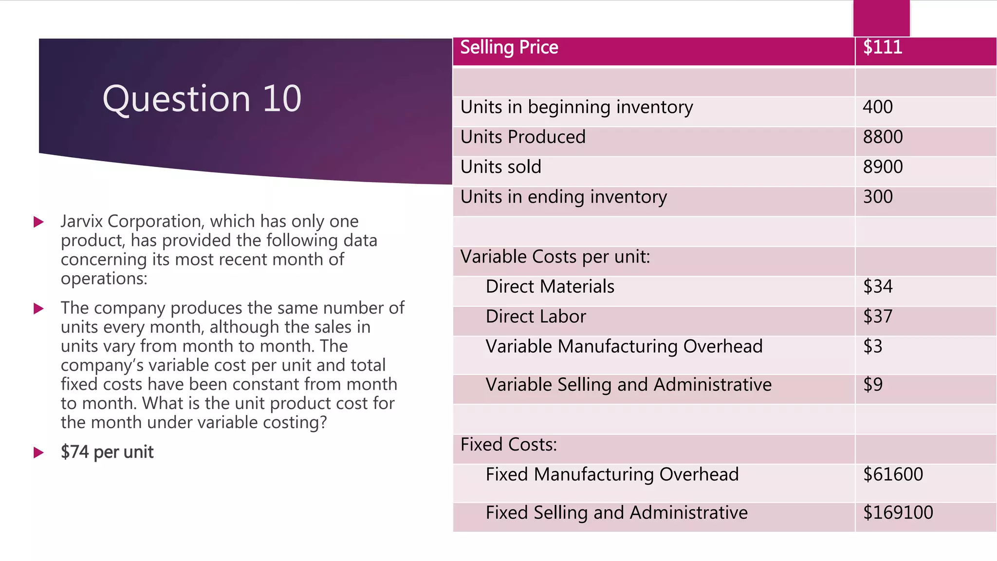 Question 10
 Jarvix Corporation, which has only one
product, has provided the following data
concerning its most recent month of
operations:
 The company produces the same number of
units every month, although the sales in
units vary from month to month. The
company’s variable cost per unit and total
fixed costs have been constant from month
to month. What is the unit product cost for
the month under variable costing?
 $74 per unit
Selling Price $111
Units in beginning inventory 400
Units Produced 8800
Units sold 8900
Units in ending inventory 300
Variable Costs per unit:
Direct Materials $34
Direct Labor $37
Variable Manufacturing Overhead $3
Variable Selling and Administrative $9
Fixed Costs:
Fixed Manufacturing Overhead $61600
Fixed Selling and Administrative $169100
 