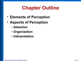 Chapter Outline <ul><li>Elements of Perception </li></ul><ul><li>Aspects of Perception </li></ul><ul><ul><li>Selection </l...