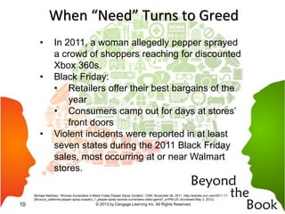 When “Need” Turns to Greed
• In 2011, a woman allegedly pepper sprayed
a crowd of shoppers reaching for discounted
Xbox 360s.
• Black Friday:
• Retailers offer their best bargains of the
year
• Consumers camp out for days at stores’
front doors
• Violent incidents were reported in at least
seven states during the 2011 Black Friday
sales, most occurring at or near Walmart
stores.
Michael Martinez, “Woman Surrenders in Black Friday Pepper Spray Incident,” CNN, November 26, 2011, http://articles.cnn.com/2011-11-
26/us/us_california-pepper-spray-suspect_1_pepper-spray-woman-surrenders-video-game?_s=PM:US (Accessed May 3, 2012).
© 2013 by Cengage Learning Inc. All Rights Reserved.10
 