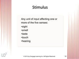 © 2013 by Cengage Learning Inc. All Rights Reserved. 12
Stimulus
Any unit of input affecting one or
more of the five senses:
•sight
•smell
•taste
•touch
•hearing
2
 