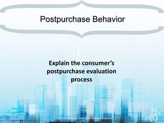 Explain the consumer’s
postpurchase evaluation
process
© 2013 by Cengage Learning Inc. All Rights Reserved.19
Postpurchase Behavior
3
 