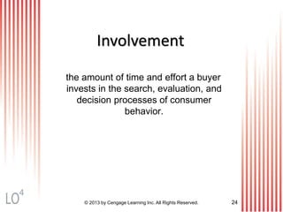 the amount of time and effort a buyer
invests in the search, evaluation, and
decision processes of consumer
behavior.
Involvement
© 2013 by Cengage Learning Inc. All Rights Reserved. 24
4
 