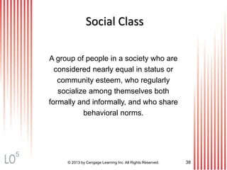 © 2013 by Cengage Learning Inc. All Rights Reserved. 38
Social Class
A group of people in a society who are
considered nearly equal in status or
community esteem, who regularly
socialize among themselves both
formally and informally, and who share
behavioral norms.
5
 