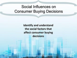 Identify and understand
the social factors that
affect consumer buying
decisions
© 2013 by Cengage Learning Inc. All Rights Reserved.42
Social Influences on
Consumer Buying Decisions
6
 