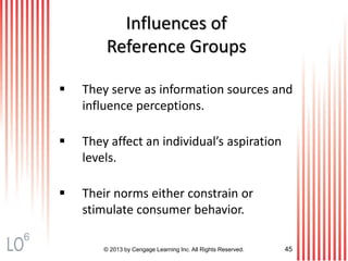 © 2013 by Cengage Learning Inc. All Rights Reserved. 45
Influences of
Reference Groups
 They serve as information sources and
influence perceptions.
 They affect an individual’s aspiration
levels.
 Their norms either constrain or
stimulate consumer behavior.
6
 