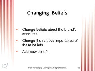 Changing Beliefs
• Change beliefs about the brand’s
attributes
• Change the relative importance of
these beliefs
• Add new beliefs
© 2013 by Cengage Learning Inc. All Rights Reserved. 59
8
 
