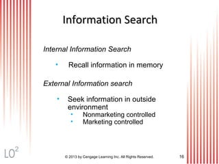 © 2013 by Cengage Learning Inc. All Rights Reserved. 16
Information SearchInformation Search
Internal Information Search
• Recall information in memory
External Information search
• Seek information in outside
environment
• Nonmarketing controlled
• Marketing controlled
2
 