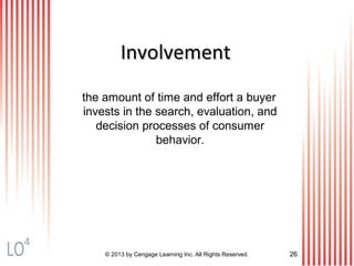 the amount of time and effort a buyer
invests in the search, evaluation, and
decision processes of consumer
behavior.
InvolvementInvolvement
© 2013 by Cengage Learning Inc. All Rights Reserved. 26
4
 