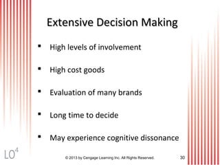 © 2013 by Cengage Learning Inc. All Rights Reserved. 30
Extensive Decision MakingExtensive Decision Making
 High levels of involvement
 High cost goods
 Evaluation of many brands
 Long time to decide
 May experience cognitive dissonance
4
 
