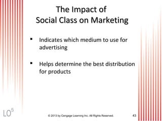 © 2013 by Cengage Learning Inc. All Rights Reserved. 43
The Impact ofThe Impact of
Social Class on MarketingSocial Class on Marketing
 Indicates which medium to use for
advertising
 Helps determine the best distribution
for products
5
 