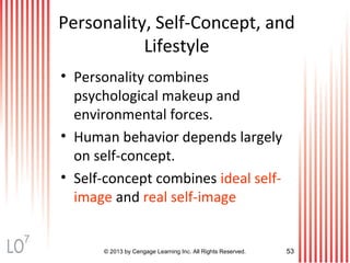 © 2013 by Cengage Learning Inc. All Rights Reserved. 53
Personality, Self-Concept, and
Lifestyle
• Personality combines
psychological makeup and
environmental forces.
• Human behavior depends largely
on self-concept.
• Self-concept combines ideal self-
image and real self-image.
7
 
