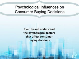 Identify and understand
the psychological factors
that affect consumer
buying decisions
© 2013 by Cengage Learning Inc. All Rights Reserved.54
Psychological Influences onPsychological Influences on
Consumer Buying DecisionsConsumer Buying Decisions
8
 