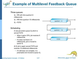 6.27 Silberschatz, Galvin and GagneOperating System Concepts – 9th
Edition
Example of Multilevel Feedback Queue
Three queues:
Q0 – RR with time quantum 8
milliseconds
Q1 – RR time quantum 16 milliseconds
Q2 – FCFS
Scheduling
A new job enters queue Q0 which is
served FCFS
 When it gains CPU, job receives 8
milliseconds
 If it does not finish in 8
milliseconds, job is moved to
queue Q1
At Q1 job is again served FCFS and
receives 16 additional milliseconds
 If it still does not complete, it is
preempted and moved to queue Q2
 