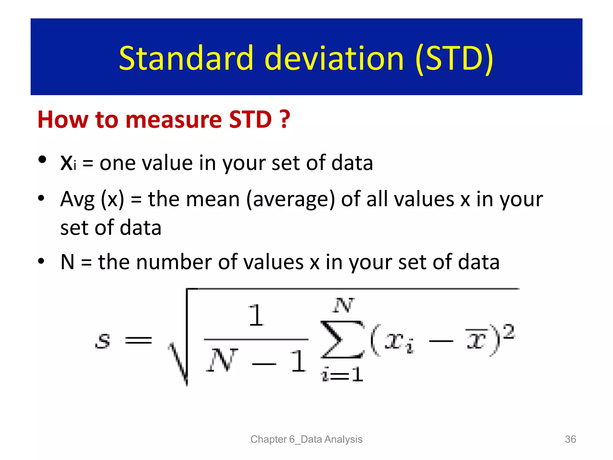 Standard deviation (STD)
How to measure STD ?
Chapter 6_Data Analysis 36
• xi = one value in your set of data
• Avg (x) = the mean (average) of all values x in your
set of data
• N = the number of values x in your set of data
 