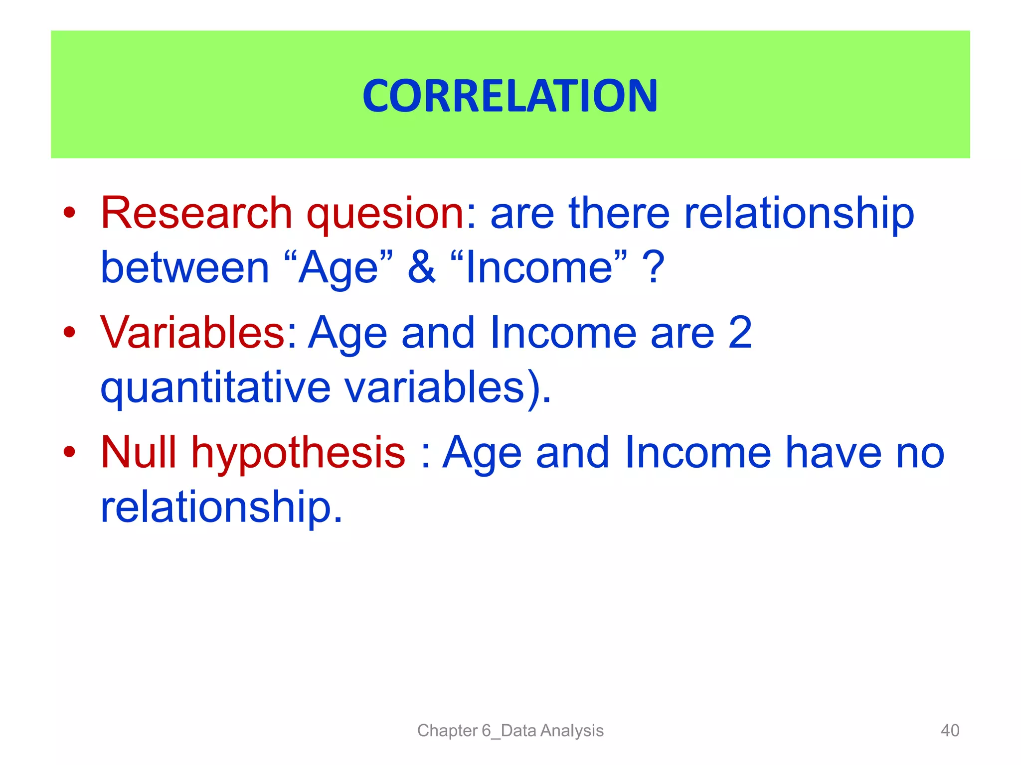 CORRELATION
• Research quesion: are there relationship
between “Age” & “Income” ?
• Variables: Age and Income are 2
quantitative variables).
• Null hypothesis : Age and Income have no
relationship.
Chapter 6_Data Analysis 40
 
