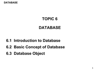 TOPIC 6
DATABASE
6.1 Introduction to Database
6.2 Basic Concept of Database
6.3 Database Object
DATABASE
 