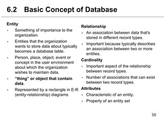 Entity
• Something of importance to the
organization.
• Entities that the organization
wants to store data about typically
becomes a database table.
• Person, place, object, event or
concept in the user environment
about which the organization
wishes to maintain data.
• “thing” or object that contain
data.
• Represented by a rectangle in E-R
(entity-relationship) diagrams
6.2 Basic Concept of Database
Relationship
• An association between data that's
stored in different record types.
• Important because typically describes
an association between two or more
entities.
Cardinality
• Important aspect of the relationship
between record types.
• Number of associations that can exist
between two record types.
Attributes
• Characteristic of an entity.
• Property of an entity set
 