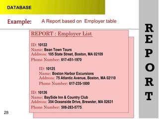 DATABASE
Example:
RREPORT : Employer List
ID: 10122
Name: Bean Town Tours
Address: 105 State Street, Boston, MA 02109
Phone Number: 617-451-1970
ID: 10125
Name: Boston Harbor Excursions
Address: 75 Atlantic Avenue, Boston, MA 02110
Phone Number: 617-235-1800
ID: 10126
Name: BaySide Inn & Country Club
Address: 354 Oceanside Drive, Brewster, MA 02631
Phone Number: 508-283-5775
28
E
P
O
R
T
A Report based on Employer table
 