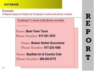 DATABASE
Example:
A Report based on Query for Employer’s name and phone number
Name: Bean Town Tours
Phone Number: 617-451-1970
Name: Boston Harbor Excursions
Phone Number: 617-235-1800
Name: BaySide Inn & Country Club
Phone Number: 508-283-5775
R
E
P
O
R
T
31
Employer’s name and phone number
 