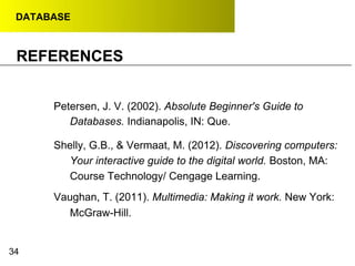 DATABASE
REFERENCES
Petersen, J. V. (2002). Absolute Beginner's Guide to
Databases. Indianapolis, IN: Que.
Shelly, G.B., & Vermaat, M. (2012). Discovering computers:
Your interactive guide to the digital world. Boston, MA:
Course Technology/ Cengage Learning.
Vaughan, T. (2011). Multimedia: Making it work. New York:
McGraw-Hill.
34
 