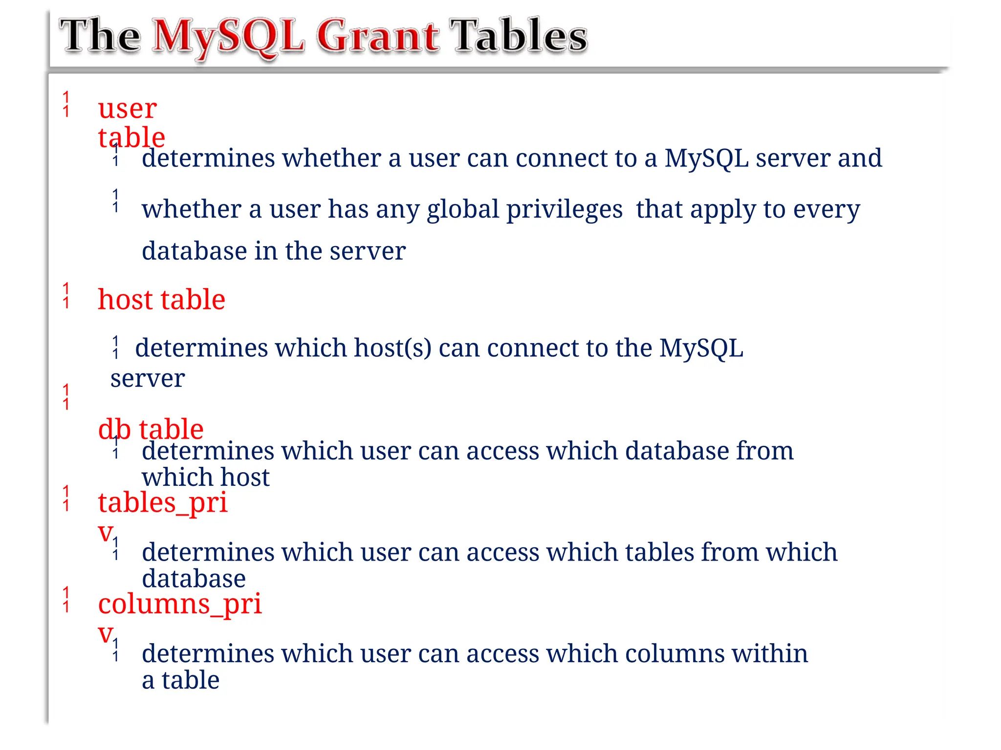  user
table


determines whether a user can connect to a MySQL server and
whether a user has any global privileges that apply to every
database in the server
 host table
 determines which host(s) can connect to the MySQL
server
db table

 determines which user can access which database from
which host
 tables_pri
v
 determines which user can access which tables from which
database
 columns_pri
v
 determines which user can access which columns within
a table
 