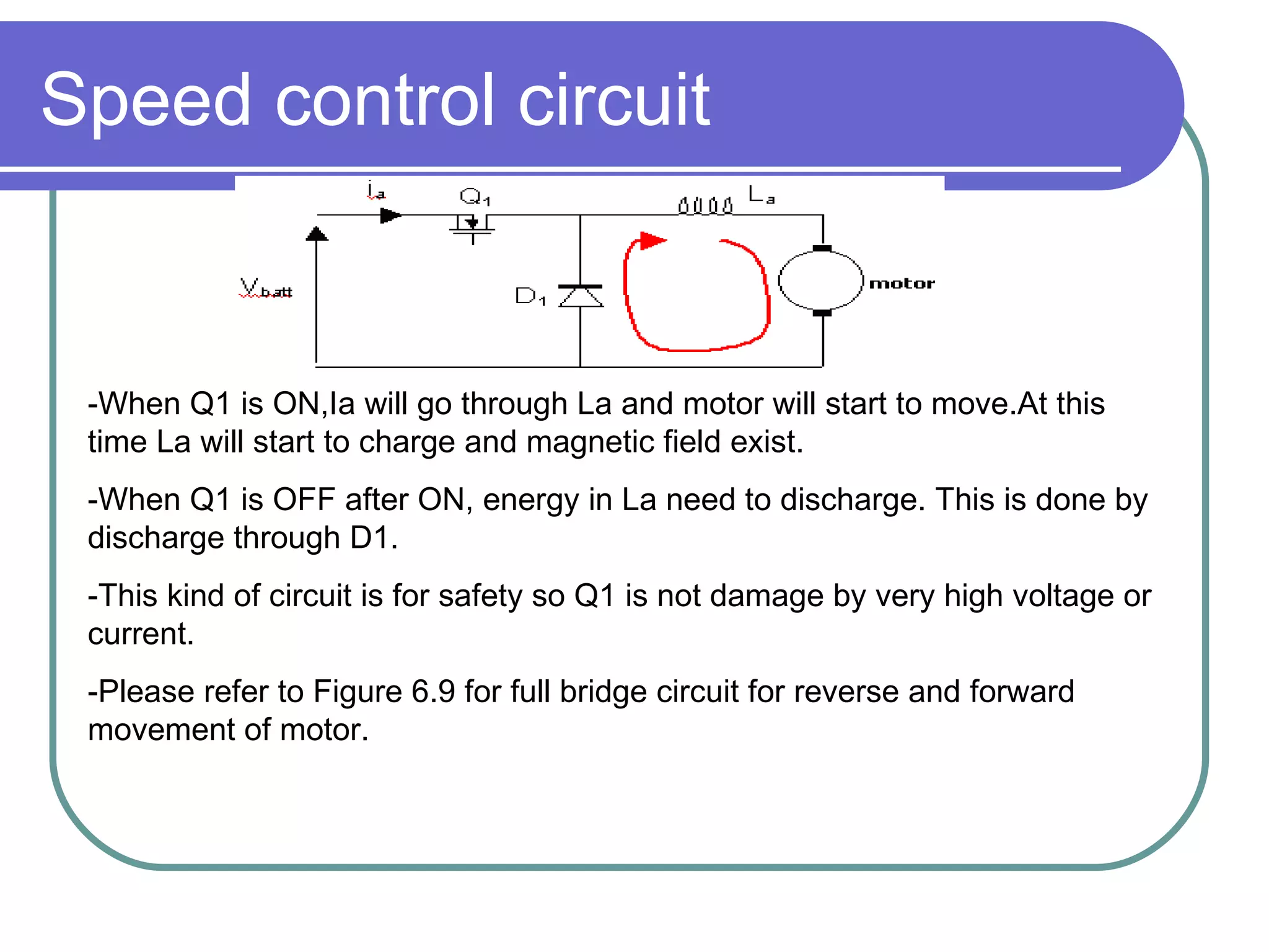 Speed control circuit -When Q1 is ON,Ia will go through La and motor will start to move.At this time La will start to charge and magnetic field exist. -When Q1 is OFF after ON, energy in La need to discharge. This is done by discharge through D1. -This kind of circuit is for safety so Q1 is not damage by very high voltage or current. -Please refer to Figure 6.9 for full bridge circuit for reverse and forward movement of motor. 