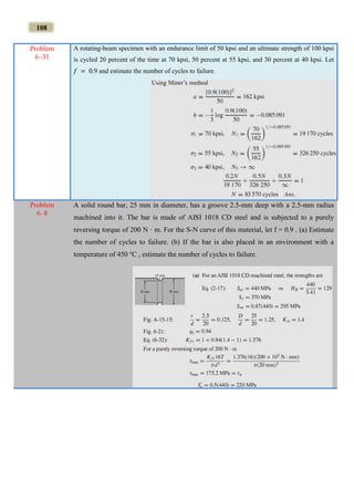 108
Problem
6–31
A rotating-beam specimen with an endurance limit of 50 kpsi and an ultimate strength of 100 kpsi
is cycled 20 percent of the time at 70 kpsi, 50 percent at 55 kpsi, and 30 percent at 40 kpsi. Let
𝑓 = 0.9 and estimate the number of cycles to failure.
Problem
6–8
A solid round bar, 25 mm in diameter, has a groove 2.5-mm deep with a 2.5-mm radius
machined into it. The bar is made of AISI 1018 CD steel and is subjected to a purely
reversing torque of 200 N · m. For the S-N curve of this material, let f = 0.9 . (a) Estimate
the number of cycles to failure. (b) If the bar is also placed in an environment with a
temperature of 450 o
C , estimate the number of cycles to failure.
 