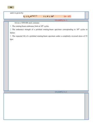 90
and it is given by:
𝑺 𝒇 ≥ 𝑺 𝒖𝒕 𝑵(𝐥𝐨𝐠 𝒇) 𝟑⁄
𝟏 ≤ 𝑵 ≤ 𝟏𝟎 𝟑 (𝟔 − 𝟏𝟕)
EXAMPLE 6–1:
Given a 1050 HR steel, estimate:
1. The rotating-beam endurance limit at 106
cycles.
2. The endurance strength of a polished rotating-beam specimen corresponding to 104
cycles to
failure
3. The expected life of a polished rotating-beam specimen under a completely reversed stress of 55
kpsi.
EXAMPLE 6-2:
 