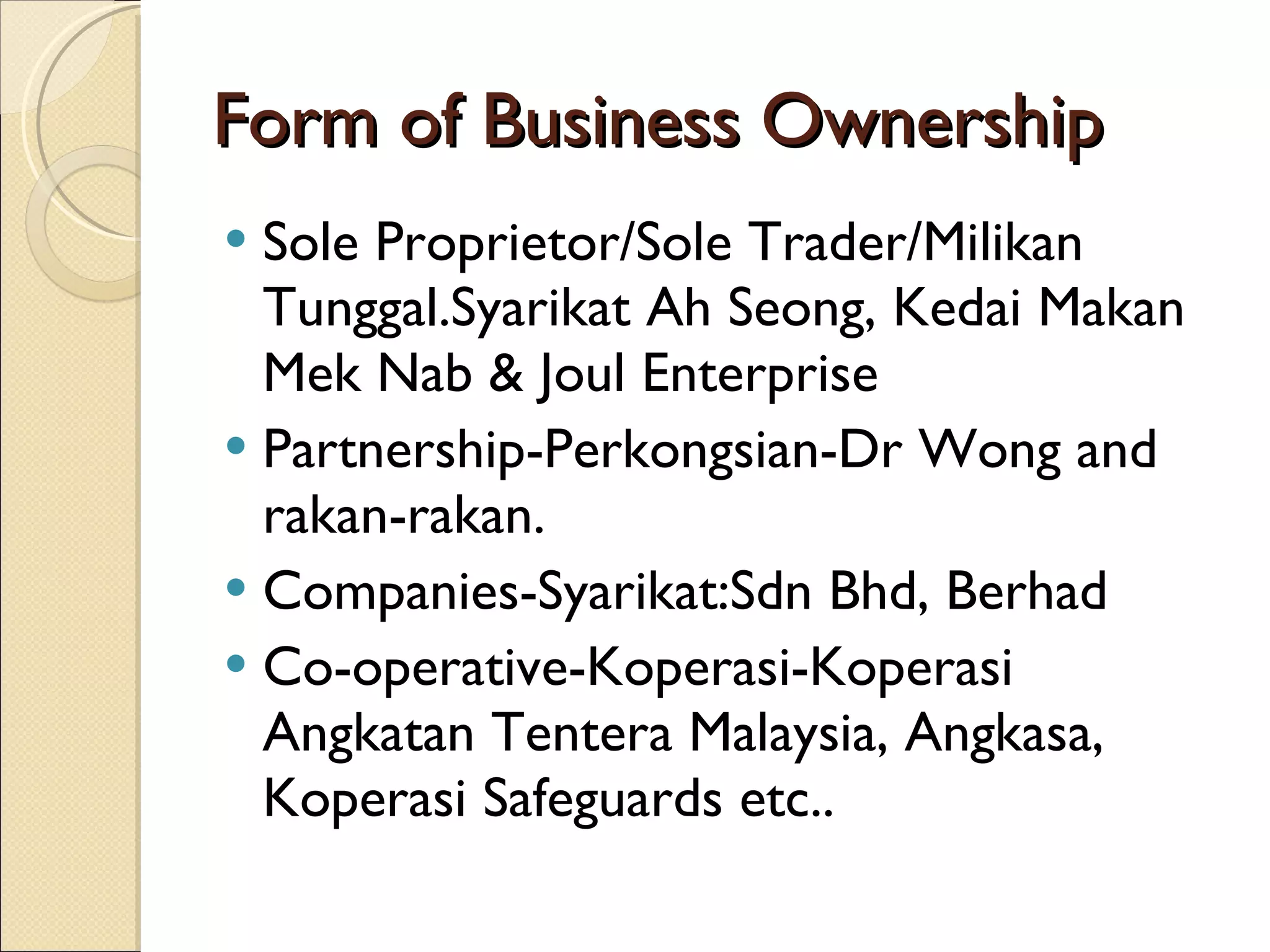 Form of Business Ownership Sole Proprietor/Sole Trader/Milikan Tunggal.Syarikat Ah Seong, Kedai Makan Mek Nab & Joul Enterprise Partnership-Perkongsian-Dr Wong and rakan-rakan. Companies-Syarikat:Sdn Bhd, Berhad Co-operative-Koperasi-Koperasi Angkatan Tentera Malaysia, Angkasa, Koperasi Safeguards etc.. 