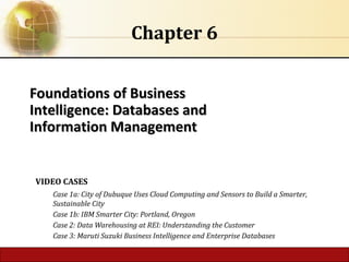 Foundations of Business
Foundations of Business
Intelligence: Databases and
Intelligence: Databases and
Information Management
Information Management
Chapter 6
VIDEO CASES
Case 1a: City of Dubuque Uses Cloud Computing and Sensors to Build a Smarter,
Sustainable City
Case 1b: IBM Smarter City: Portland, Oregon
Case 2: Data Warehousing at REI: Understanding the Customer
Case 3: Maruti Suzuki Business Intelligence and Enterprise Databases
 