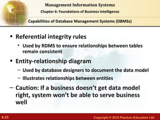 6.23 Copyright © 2016 Pearson Education Ltd.
Management Information Systems
Chapter 6: Foundations of Business Intelligence
• Referential integrity rules
• Used by RDMS to ensure relationships between tables
remain consistent
• Entity-relationship diagram
– Used by database designers to document the data model
– Illustrates relationships between entities
– Caution: If a business doesn’t get data model
right, system won’t be able to serve business
well
Capabilities of Database Management Systems (DBMSs)
 