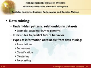 6.35 Copyright © 2016 Pearson Education Ltd.
Management Information Systems
Chapter 6: Foundations of Business Intelligence
• Data mining:
– Finds hidden patterns, relationships in datasets
• Example: customer buying patterns
– Infers rules to predict future behavior
– Types of information obtainable from data mining:
• Associations
• Sequences
• Classification
• Clustering
• Forecasting
Tools for Improving Business Performance and Decision Making
 