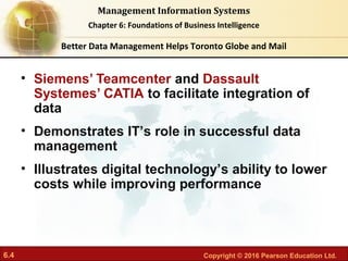 6.4 Copyright © 2016 Pearson Education Ltd.
Management Information Systems
Chapter 6: Foundations of Business Intelligence
• Siemens’ Teamcenter and Dassault
Systemes’ CATIA to facilitate integration of
data
• Demonstrates IT’s role in successful data
management
• Illustrates digital technology’s ability to lower
costs while improving performance
Better Data Management Helps Toronto Globe and Mail
 