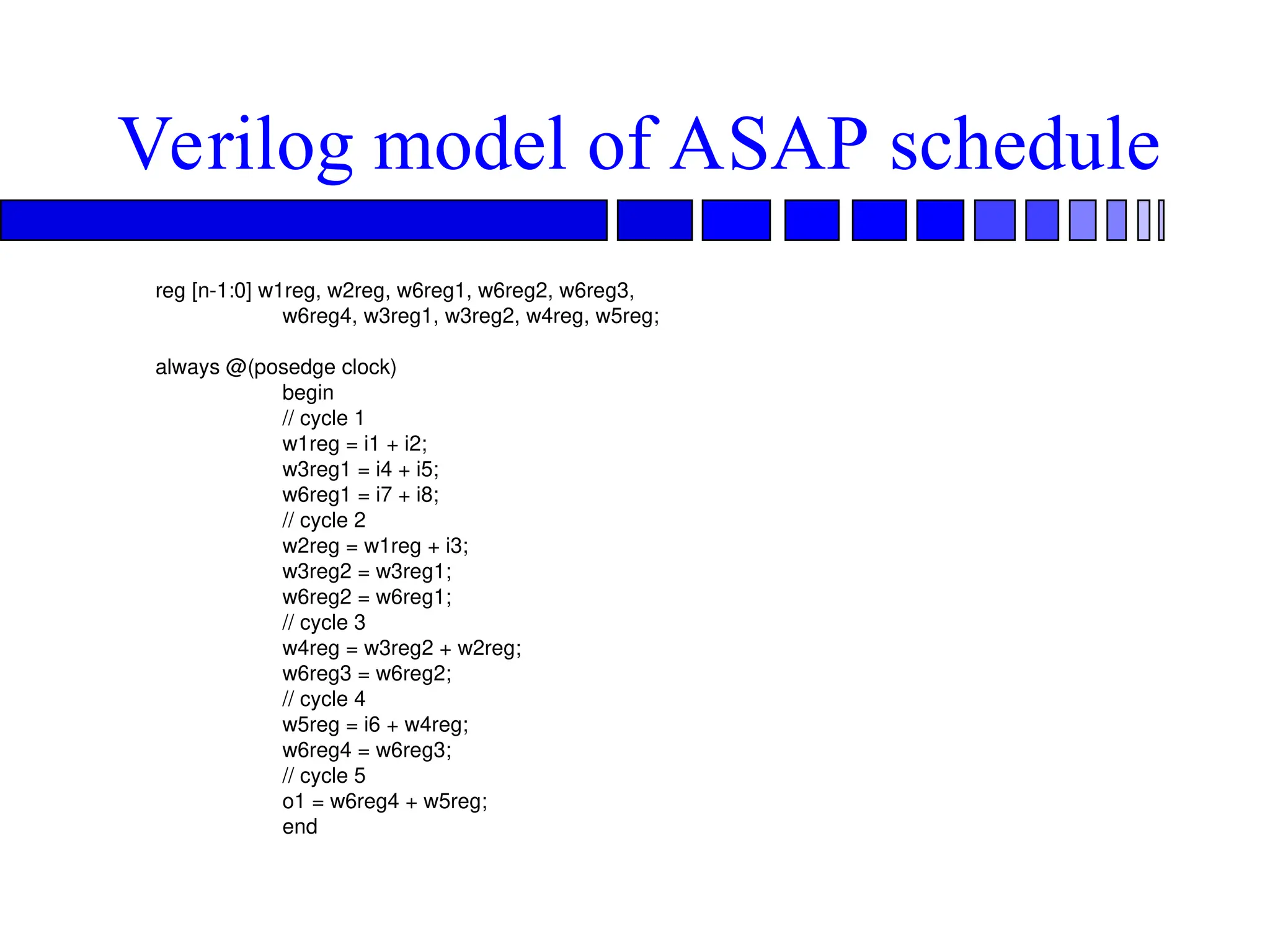 Verilog model of ASAP schedule
reg [n-1:0] w1reg, w2reg, w6reg1, w6reg2, w6reg3,
w6reg4, w3reg1, w3reg2, w4reg, w5reg;
always @(posedge clock)
begin
// cycle 1
w1reg = i1 + i2;
w3reg1 = i4 + i5;
w6reg1 = i7 + i8;
// cycle 2
w2reg = w1reg + i3;
w3reg2 = w3reg1;
w6reg2 = w6reg1;
// cycle 3
w4reg = w3reg2 + w2reg;
w6reg3 = w6reg2;
// cycle 4
w5reg = i6 + w4reg;
w6reg4 = w6reg3;
// cycle 5
o1 = w6reg4 + w5reg;
end
 
