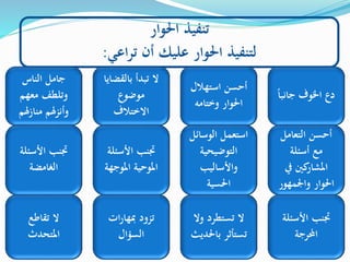 ‫احلوار‬ ‫تنفيذ‬
‫تراعي‬ ‫أن‬ ‫عليك‬ ‫احلوار‬ ‫لتنفيذ‬:
‫جانب‬ ‫اخلوف‬ ‫دع‬‫ا‬‫ا‬
‫استهالل‬ ‫أحسن‬
‫وختامه‬ ‫احلوار‬
‫بالقض‬ ‫تبدأ‬ ‫ل‬‫ايا‬
‫موضوع‬
‫الختالف‬
‫الناس‬ ‫جامل‬
‫معهم‬ ‫وتلطف‬
‫هلم‬‫ز‬‫منا‬ ‫هلم‬‫ز‬‫وأن‬
‫التعامل‬ ‫أحسن‬
‫أسئلة‬ ‫مع‬
‫يف‬ ‫كني‬‫املشار‬
‫واجلمهو‬ ‫احلوار‬‫ر‬
‫الوسائ‬ ‫استعمل‬‫ل‬
‫التوضيحية‬
‫واألساليب‬
‫احلسية‬
‫األسئل‬ ‫جتنب‬‫ة‬
‫املوجه‬ ‫املوحية‬‫ة‬
‫األسئل‬ ‫جتنب‬‫ة‬
‫الغامضة‬
‫األسئل‬ ‫جتنب‬‫ة‬
‫احملرجة‬
‫ول‬ ‫تستطرد‬ ‫ل‬
‫باحل‬ ‫تستأثر‬‫ديث‬
‫ات‬‫ر‬‫مبها‬ ‫تزود‬
‫السؤال‬
‫تقاطع‬ ‫ل‬
‫املتحدث‬
 