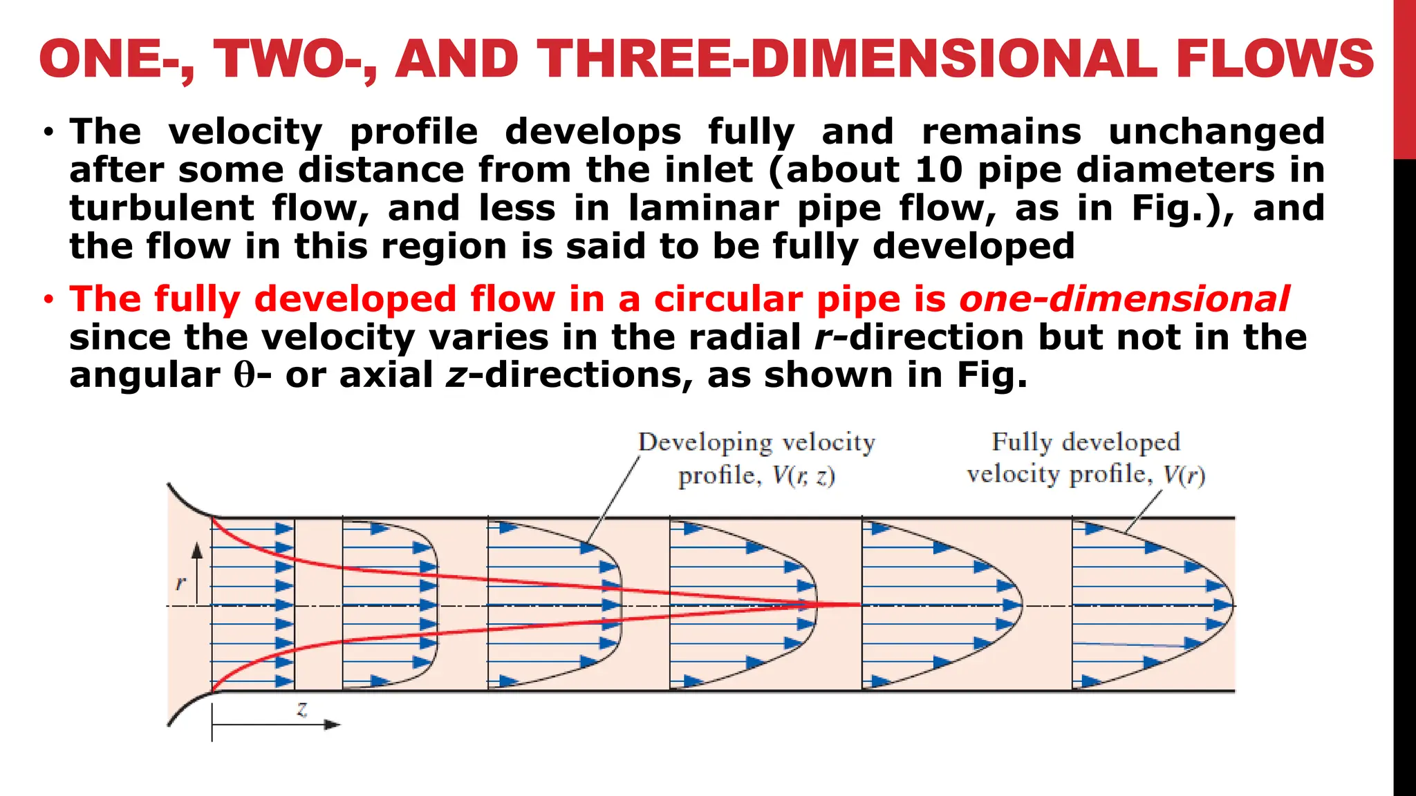 ONE-, TWO-, AND THREE-DIMENSIONAL FLOWS
• The velocity profile develops fully and remains unchanged
after some distance from the inlet (about 10 pipe diameters in
turbulent flow, and less in laminar pipe flow, as in Fig.), and
the flow in this region is said to be fully developed
• The fully developed flow in a circular pipe is one-dimensional
since the velocity varies in the radial r-direction but not in the
angular θ- or axial z-directions, as shown in Fig.
 