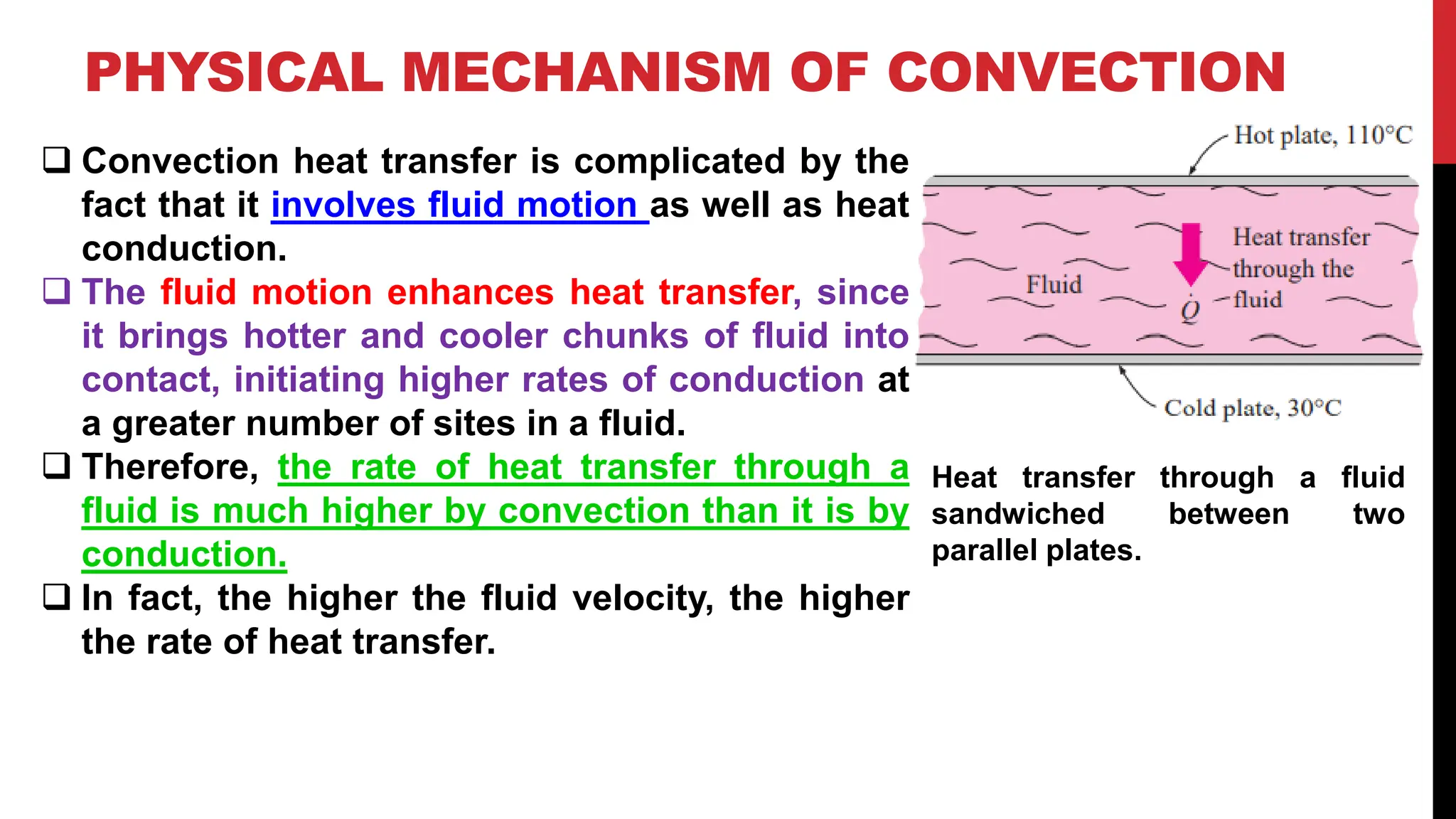 PHYSICAL MECHANISM OF CONVECTION
❑ Convection heat transfer is complicated by the
fact that it involves fluid motion as well as heat
conduction.
❑ The fluid motion enhances heat transfer, since
it brings hotter and cooler chunks of fluid into
contact, initiating higher rates of conduction at
a greater number of sites in a fluid.
❑ Therefore, the rate of heat transfer through a
fluid is much higher by convection than it is by
conduction.
❑ In fact, the higher the fluid velocity, the higher
the rate of heat transfer.
Heat transfer through a fluid
sandwiched between two
parallel plates.
 