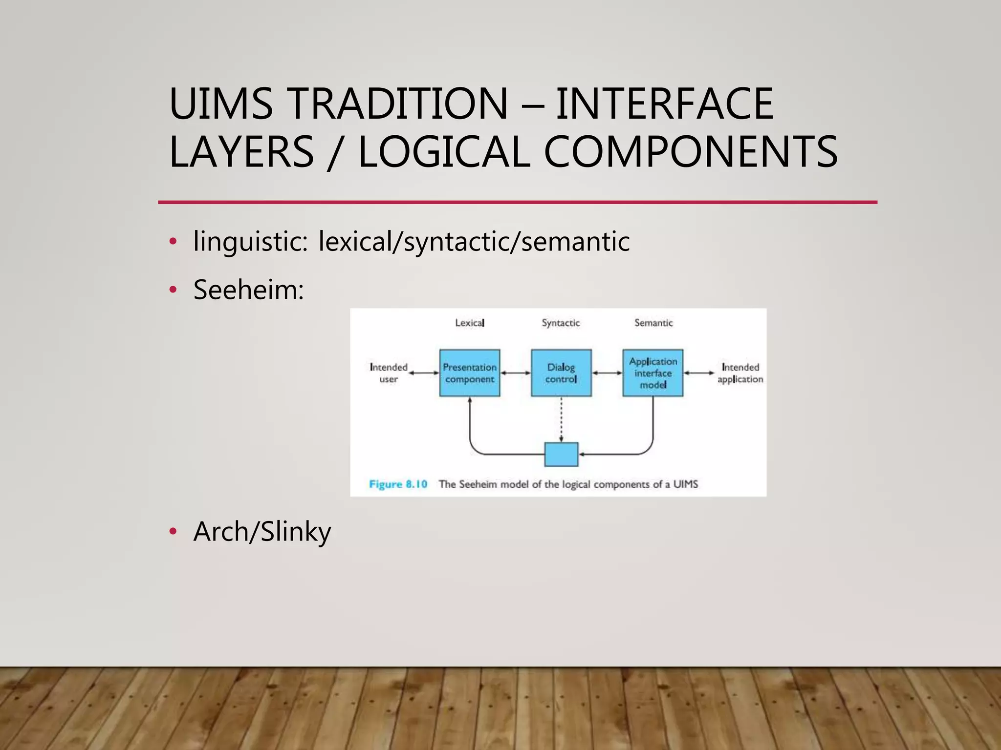 UIMS TRADITION – INTERFACE
LAYERS / LOGICAL COMPONENTS
• linguistic: lexical/syntactic/semantic
• Seeheim:
• Arch/Slinky
 