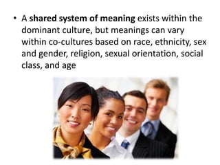 • A shared system of meaning exists within the
  dominant culture, but meanings can vary
  within co-cultures based on race, ethnicity, sex
  and gender, religion, sexual orientation, social
  class, and age
 