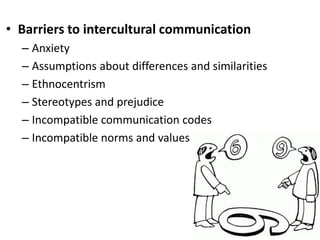 • Barriers to intercultural communication
  – Anxiety
  – Assumptions about differences and similarities
  – Ethnocentrism
  – Stereotypes and prejudice
  – Incompatible communication codes
  – Incompatible norms and values
 