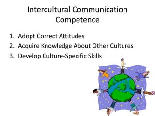 Intercultural Communication
             Competence
1. Adopt Correct Attitudes
2. Acquire Knowledge About Other Cultures
3. Develop Culture-Specific Skills
 