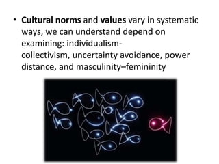 • Cultural norms and values vary in systematic
  ways, we can understand depend on
  examining: individualism-
  collectivism, uncertainty avoidance, power
  distance, and masculinity–femininity
 