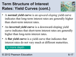 © 2012 Pearson Education 6-17
Term Structure of Interest
Rates: Yield Curves (cont.)
• A normal yield curve is an upward-sloping yield curve
indicates that long-term interest rates are generally higher
than short-term interest rates.
• An inverted yield curve is a downward-sloping yield
curve indicates that short-term interest rates are generally
higher than long-term interest rates.
• A flat yield curve is a yield curve that indicates that
interest rates do not vary much at different maturities.
 