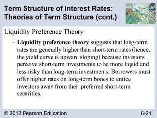 © 2012 Pearson Education 6-21
Term Structure of Interest Rates:
Theories of Term Structure (cont.)
Liquidity Preference Theory
– Liquidity preference theory suggests that long-term
rates are generally higher than short-term rates (hence,
the yield curve is upward sloping) because investors
perceive short-term investments to be more liquid and
less risky than long-term investments. Borrowers must
offer higher rates on long-term bonds to entice
investors away from their preferred short-term
securities.
 