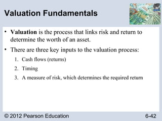 © 2012 Pearson Education 6-42
Valuation Fundamentals
• Valuation is the process that links risk and return to
determine the worth of an asset.
• There are three key inputs to the valuation process:
1. Cash flows (returns)
2. Timing
3. A measure of risk, which determines the required return
 