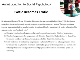 Exotic Becomes Erotic
Developmental Theory of Sexual Orientation: This theory that was proposed by Daryl Bem (1996) describes the
antecedents of a person’s romantic or erotic attractions to opposite or same sex persons. The theory provides a
temporal sequence that leads to sexual orientation for males and females in a culture with gender polarisation. The
sequence begins with A and ends with F.
A. Biological variables (including genes and prenatal hormones) determine the childhood temperament.
B. Childhood temperaments. The temperament will determine the activities liked or disliked by the child and
the children would show preference towards peers who likes the activities that they like.
C. Sex typical or sex atypical activity and preference of playmate. Children who indicate preference for sex
typical activities and playmates of same sex are termed as gender-conforming children and children who
indicate preference for sex atypical activities and playmates of opposite sex are termed as gender non-
conforming.
 
