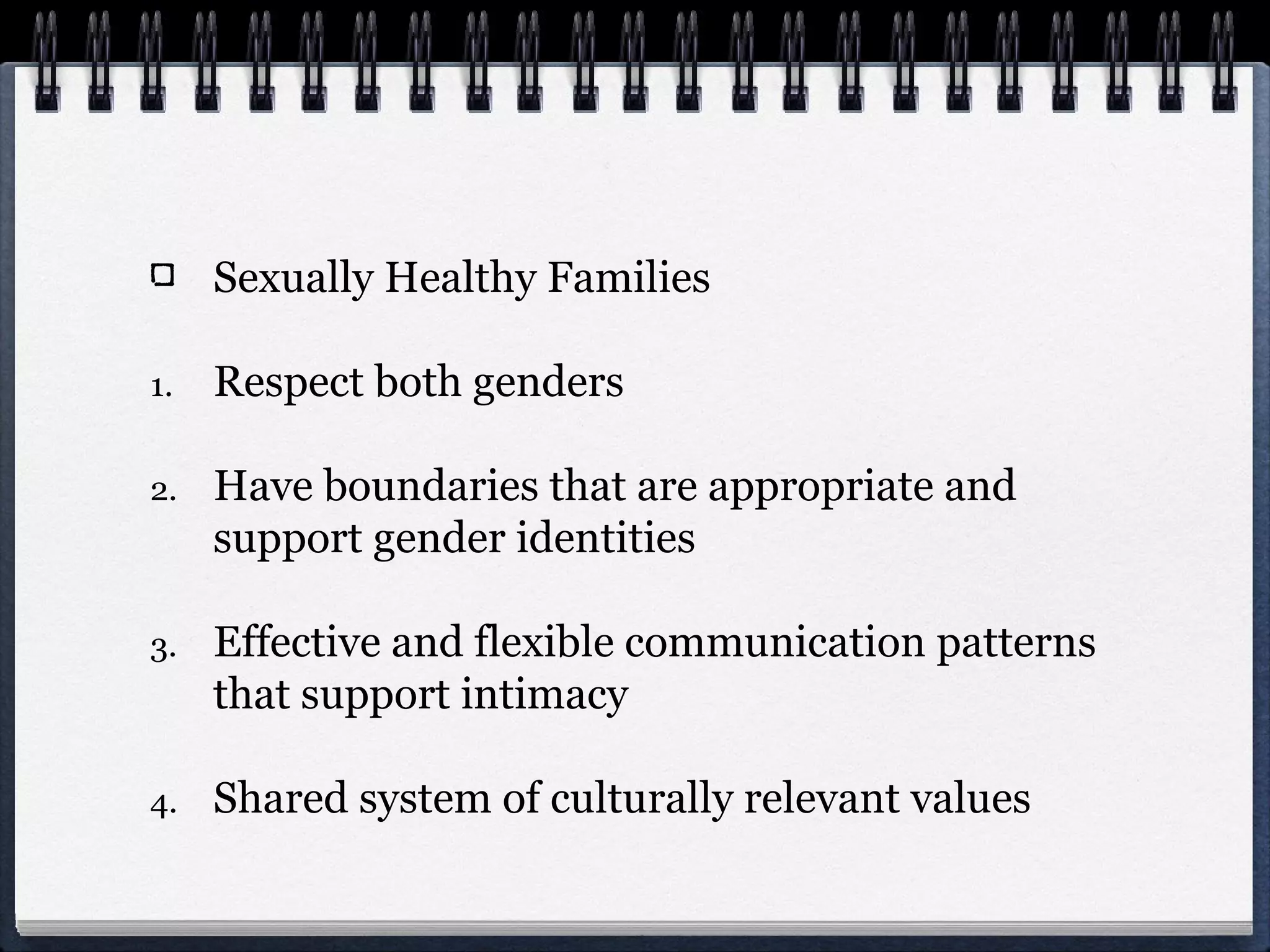 Sexually Healthy Families

1.   Respect both genders

2.   Have boundaries that are appropriate and
     support gender identities

3.   Effective and flexible communication patterns
     that support intimacy

4.   Shared system of culturally relevant values
 