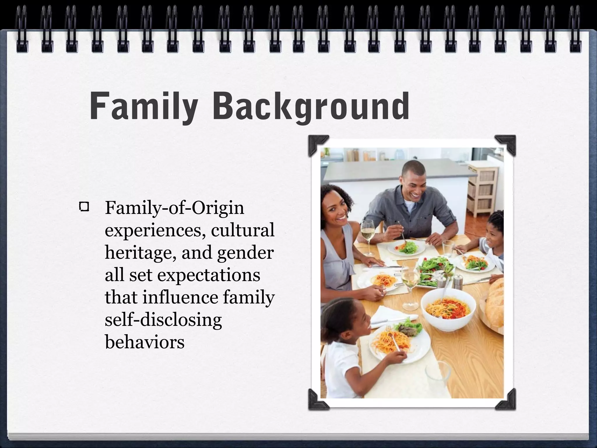 Family Background

Family-of-Origin
experiences, cultural
heritage, and gender
all set expectations
that influence family
self-disclosing
behaviors
 