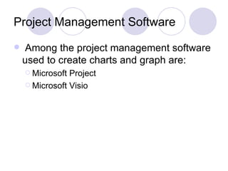 Project Management Software Among the project management software used to create charts and graph are: Microsoft Project Microsoft Visio 